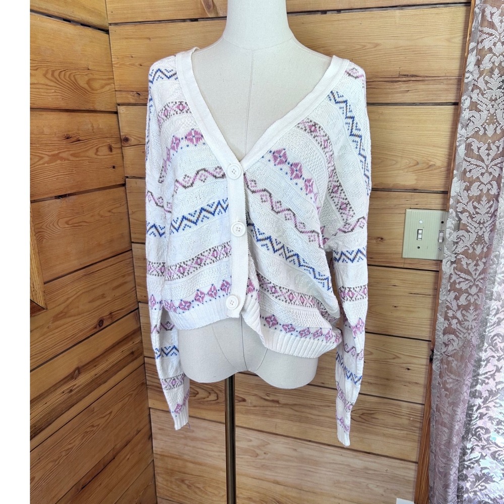 Vintage Cotton Knit Cardigan Women Large White Pastel Geometric Chevron Sweaterโ